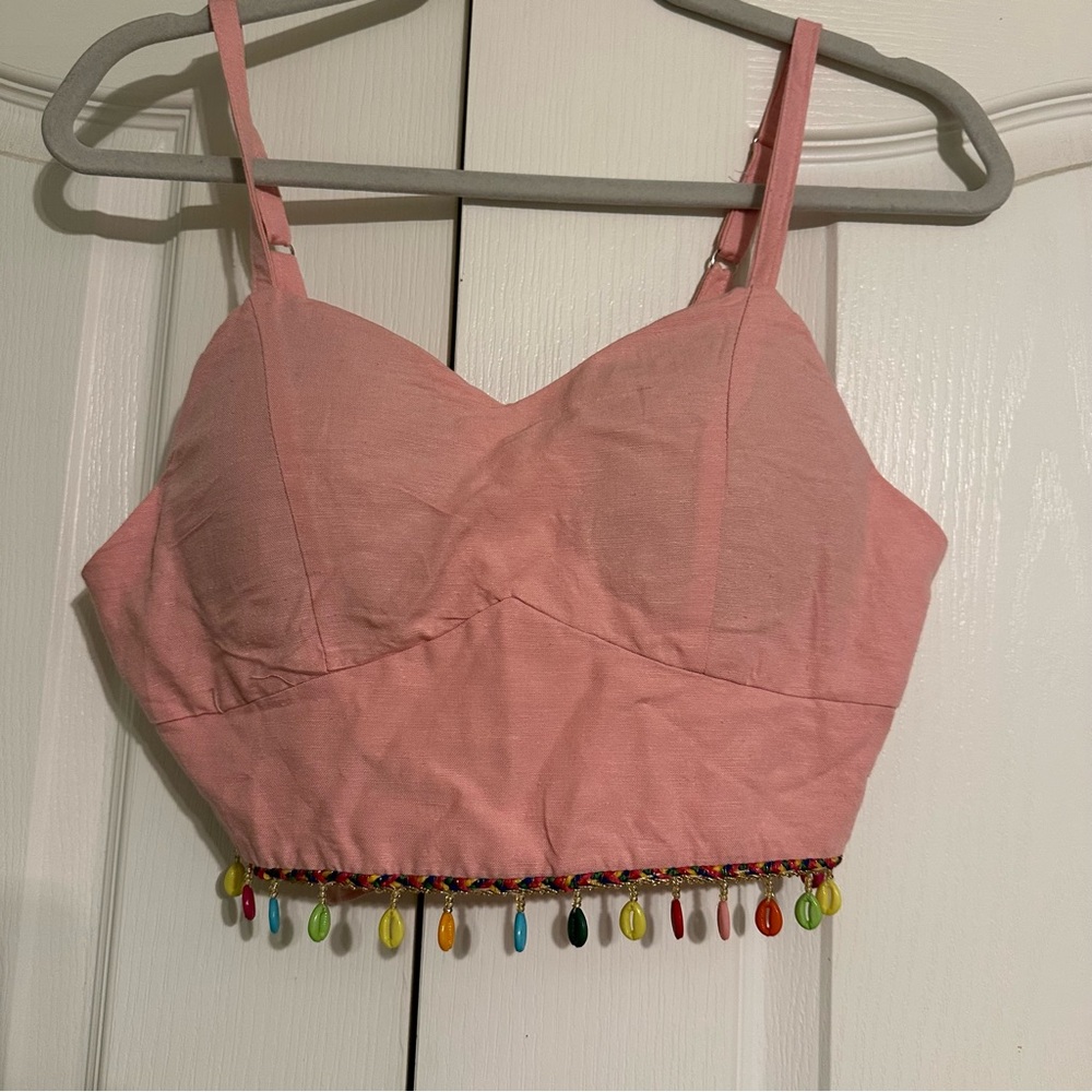 Zara Boho Pink Bustier Crop Top - Cowrie Shell Fringe Detail - Size Small